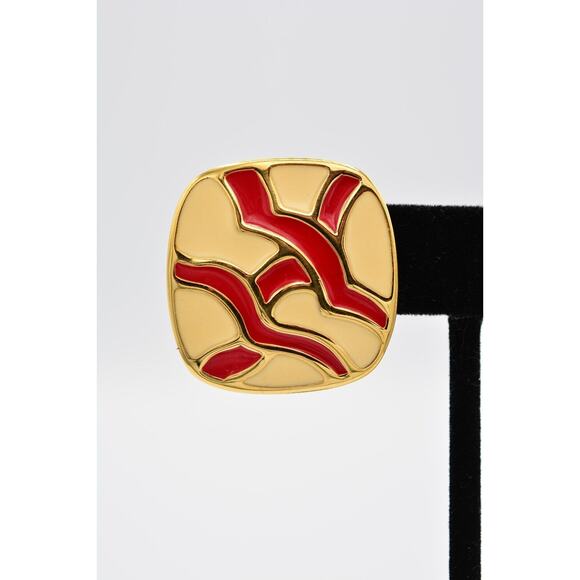 Monet Vintage Earrings Red Off White Cream Enamel Gold Chunky Tone 1970s BinAO - Picture 6 of 12